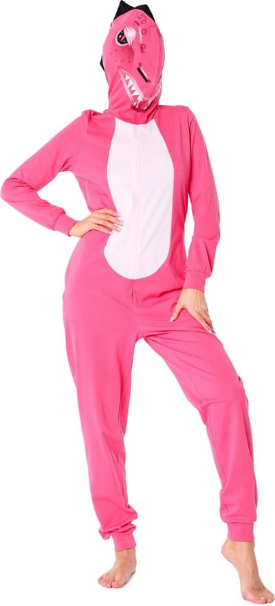 Ladeheid Dames Overal slapen Pyjama - met Capuchon - Lange mouwen - Lange broek - Katoen - LA-LA40-234-PJ - Donkerroze Dino - XS