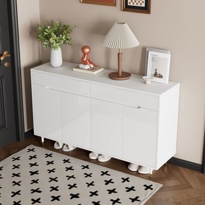 MODENUIT Schoenenkast - 2 Deuren En 2 Laden - Voor Hal En Entree - Spaanplaat In Wit En Goud - 140x39x84 Cm