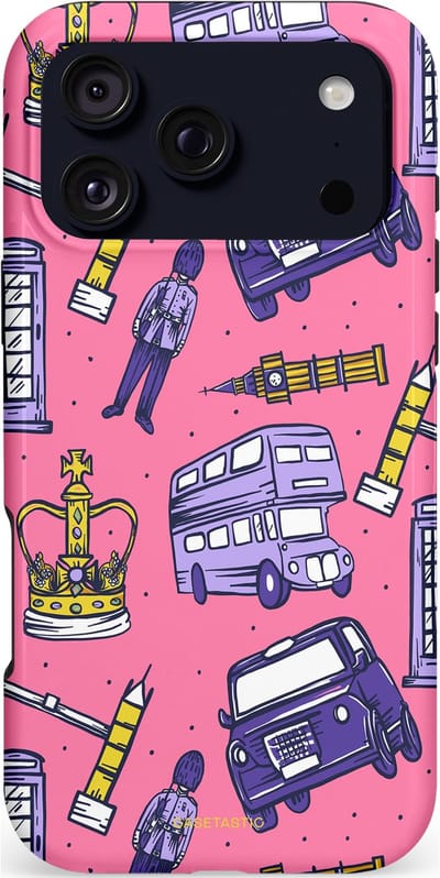 Casetastic hoesje geschikt voor Apple iPhone 17 Pro Max - MagSafe - Dubbellaagse bescherming - Brits London Roze Avontuur - Londen - Fashion Case - Koraal Lavendel Grijs Donkerblauw