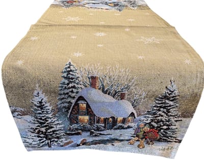 Tafelloper - Gobelinstof - Kerst - sneeuw - winterhuis - dennenbomen - Loper 40 x 100 cm