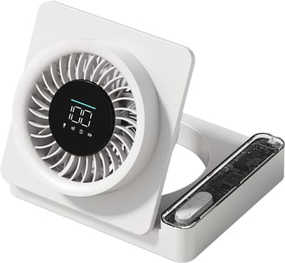 Tafelventilator — Wandventilator — Opvouwbaar, ophangbaar en geschikt voor op tafel — Traploos instelbaar in 100 standen — Digitaal display — 90° verticaal draaibaar — Ontwerp met 7 bladen — Slimme timer — Wit