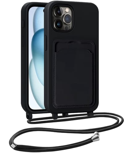 Hoesje Geschikt voor iPhone 14 Pro Hoesje Met Telefoonkoord en Pasjeshouder Siliconen - Hoes Geschikt voor iPhone 14 Pro Hoesje Met Kaarthouder Case - Zwart