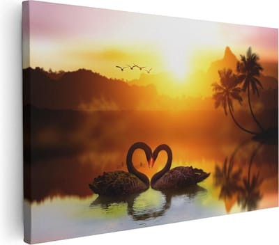 Artaza Canvas Schilderij Zonsondergang Zee - 30x20 cm - Klein - Wanddecoratie Palmboom - Muurdecoratie Zwanen - Schilderijen Op Canvas Strand