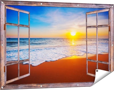 Gards Tuinposter Doorkijk Strand en Zee tijdens Zonsondergang - 120x80 cm - Tuindoek - Tuindecoratie - Wanddecoratie buiten - Tuinschilderij