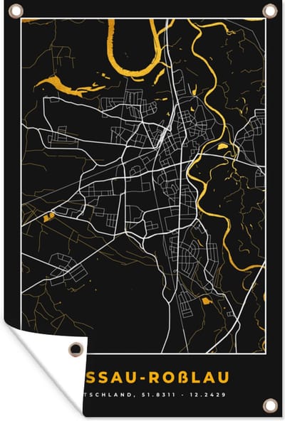 Muurdecoratie Black and Gold – Stadskaart – Desseau Roßlau – Duitsland – Plattegrond – Kaart - 120x180 cm - Tuinposter - Tuindoek