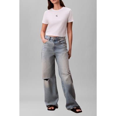 Calvin Klein Ss Logo Cropped Tee Bright White Maat: XL | Tops Outlet | Dames | Wit