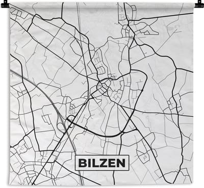 Wandkleed - Wanddoek - Zwart Wit – België – Plattegrond – Stadskaart – Kaart – Bilzen - 180x180 cm - Wandtapijt