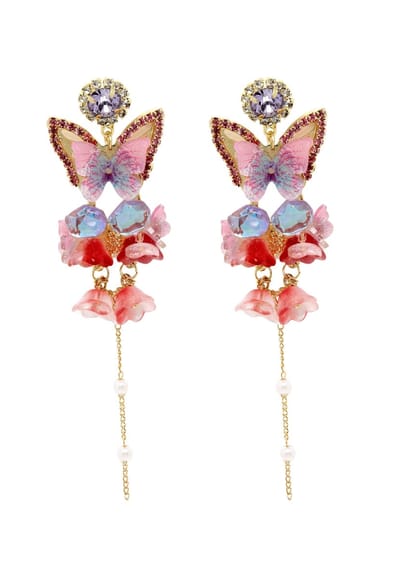 AVANT-GARDE PARIS Oorbellen - Lange hangende butterfly oorbellen met kristallen - 1 stuk - Roze en goudkleurig