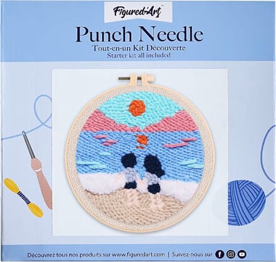 Figured'Art Punch Needle Kit voor Volwassenen en Kinderen - Koppel op het strand - Perfect voor Beginners. Compleet klaar-om-te-borduren set, maat 20x20 cm met ronde frame