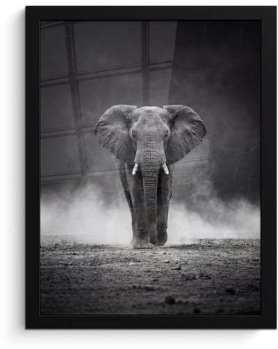 Poster in lijst - Fotolijst 30x40 cm - Posters - Olifant - Zwart - Wit - Rook - Posterlijst zwart - Decoratie - Wanddecoratie woonkamer - Muurdecoratie slaapkamer