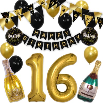 Q2P - 16 Jaar - Verjaardag Versiering - Helium Ballonnen - Feest Pakket - Happy Birthday - Versiering - Zwart & Goud