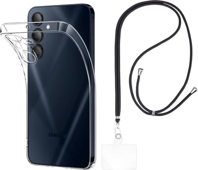 Set met hoesje en nekband voor Samsung Galaxy a16 - Flexibele, transparante TPU-bescherming, verstelbare universele nekband voor mobiele telefoons, zwarte nekband, transparante draagriem van Phonillico®
