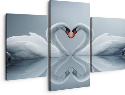 Artaza Canvas Schilderij Drieluik Twee Zwanen in een Hart Vorm - 150x120 - Groot - Foto Op Canvas - Canvas Print