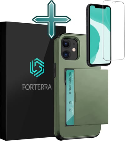 Hoesje Geschikt voor iPhone 11 Pashouder Hard Case Hoes Met Screenprotector - Hoes Geschikt voor iPhone 11 Hoesje Back Cover Met Pasjeshouder - Donkergroen