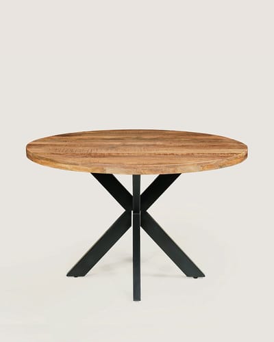 Ronde Eettafel 130 cm Mangohout – Rustiek – Zwart Metalen Matrix Onderstel – Industrieel – 5-6 Personen