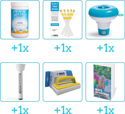 Zwembad Onderhoudspakket - Onderhoud Zwembad - bevat Chloor - Testrips - Chloordrijver - Thermometer - Scrubborstel en Zwembadgids (6-delig)