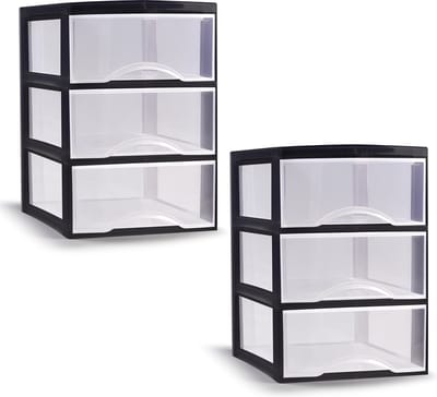 Plasticforte ladeblokje/bureau organizer - 2x - 3 lades - transparant/zwart - L18 x B25 x H25 cm