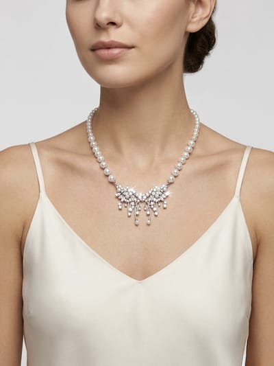 Dames Parelketting met Waterval Hangertje en Glanzende Steentjes – Bruid en Bruiloft – Vintage Glamour Statement Ketting