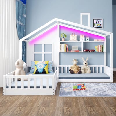 VVBV Kinderbed 90x200 cm met LED-Verlichting, Planken - Lattenbodem, Huisdesign, Voor Kinderen/Tieners - Massief Hout Wit
