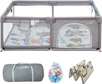 Lucellia® Grondbox Baby - Speelbox & Kruipbox - Inclusief dubbelzijdige Speelmat en Ballen- Draagtas - Licht grijs - 160x120x66 cm