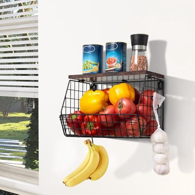Famanu - Zwarte metalen fruitschaal, groente- en fruitrek, stapelbare opbergmand voor keuken