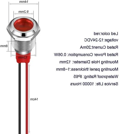 Vijf stuks 12mm Waterdichte LED Signaal Lamp met Draad, Flitsende Rode Indicator voor Waarschuwing en Indicatie, AC/DC 12-24V, 82 keer per minuut