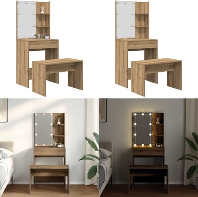 vidaXL - Kaptafelset - met - LED-verlichting - bewerkt - hout - artisanaal - eiken