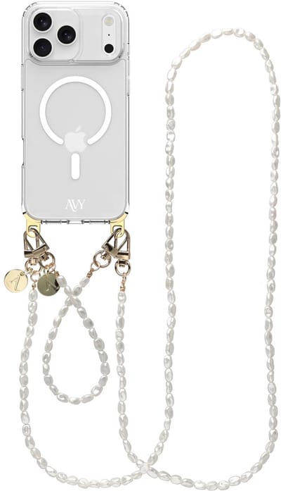 AVY Hoesje geschikt voor Apple iPhone 17 Pro | Compatibel met MagSafe | Clear Case met Telefoonkoord Set | Polsband & Crossbody Perla Chic