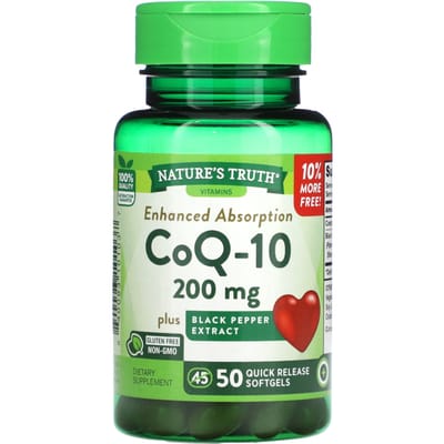 Nature's Truth, CoQ-10 plus extrait de poivre noir, absorption améliorée, 200mg, 50 gélules molles à libération immédiate