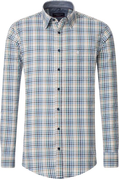 CASA MODA Sport casual fit overhemd - dobby - wit met blauw - groen en beige geruit - Strijkvriendelijk - Boordmaat: 39 - 40