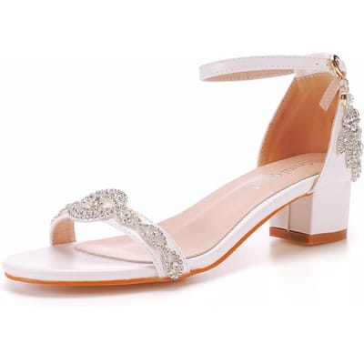 Sandales à une bride à talon épais de 7 cm à bouche peu profonde Sandales à talon carré épais Strass blanc Mariée Mariage Sandales Femme Grande taille 40 white