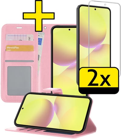 Hoesje - Met 2x Screenprotector - Geschikt voor Samsung Galaxy A36 - Luxe Pasjeshouder - Bookcase Portemonee - Flip Case - Kunstleer Book Case - Flipcase Hoes - Book Cover - Walletcase - Portemonneehoes - Telefoonhoesjes - Lichtroze
