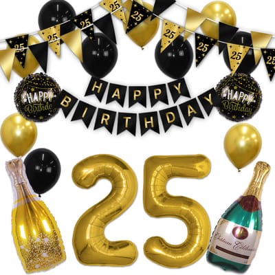 Q2P - 25 Jaar - Verjaardag Versiering - Helium Ballonnen - Feest Pakket - Happy Birthday - Versiering - Zwart & Goud
