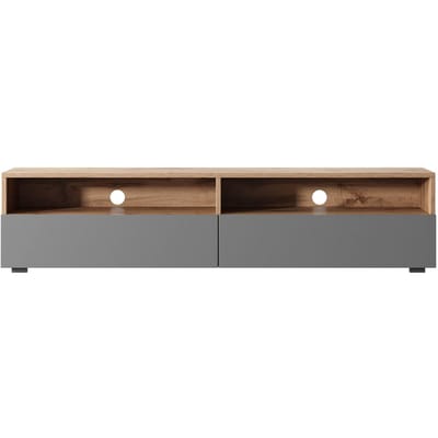 Selsey Rednaw – TV-meubel met twee lades, eikenlook / hoogglans grijs met LED, 140 cm
