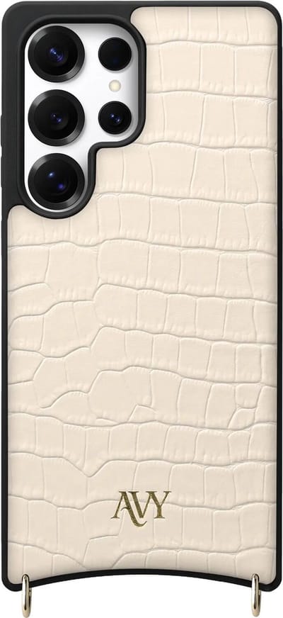 AVY Leren Hoesje geschikt voor Samsung Galaxy S25 Ultra | Compatibel met MagSafe | Leather Case | Back Cover | Haakjes voor koord | Croco Beige