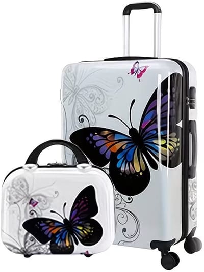 Een set van 2 stuks bagage, een 20-inch hardcase handbagagekoffer goedgekeurd door luchtvaartmaatschappijen, gemaakt van PC+ABS, uitgerust met een wiel en combinatieslot, met een vlinderprint.wit.