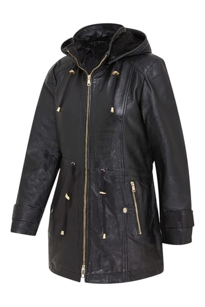 Zwarte leren parka voor dames met afneembare borg capuchon en trenchcoat - Trekker