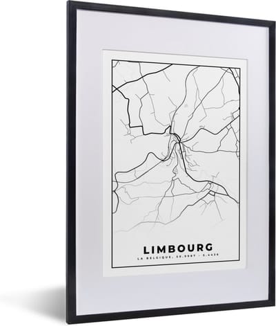 Fotolijst incl. Poster Zwart Wit- Stadskaart – Plattegrond – België – Zwart Wit – Limbourg – Kaart - 30x40 cm - Posterlijst