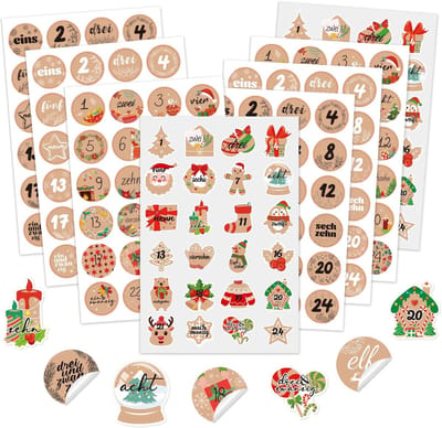 Dailygoods- Adventskalender Stickers 8 x 24 Stuks - Zelfklevende Cijfers 1-24 - Kraftpapier Look - Unieke Stickers - Voor DIY Adventskalender - Kerststickers