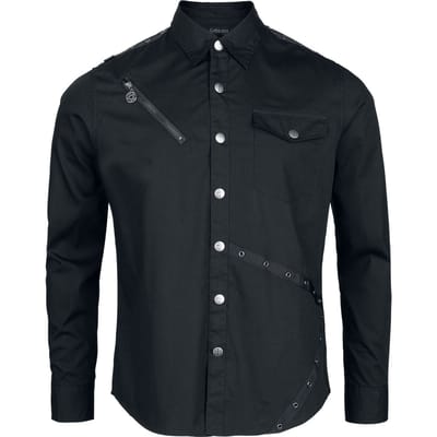 Gothicana Zwart shirt met lange mouwen met grote borstzak en schoudersluiting met oogjes - Heren - M