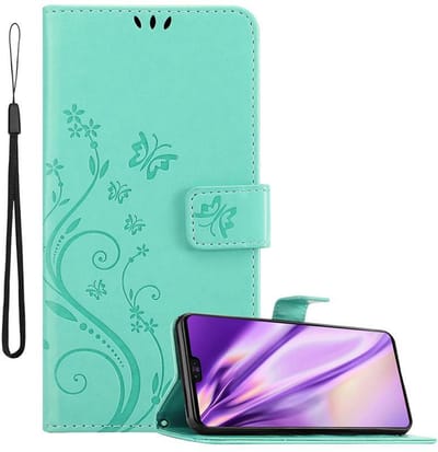 Cadorabo Hoesje geschikt voor Huawei MATE 30 in BLOEMEN TURKOOIS - Beschermhoes in bloemmotief met magnetische sluiting, standfunctie en kaartsleuven Book Case Cover Etui