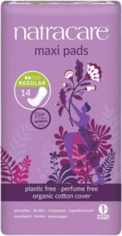 Natracare, serviette hygiénique maxi, housse en coton biologique, régulière, 14 pièces