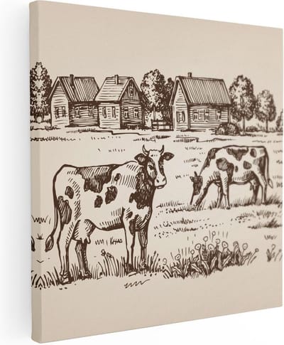 Artaza Canvas Schilderij Koeien - 80x80 cm - Wanddecoratie Landschap - Muurdecoratie Boerderij - Schilderijen Op Canvas Natuur