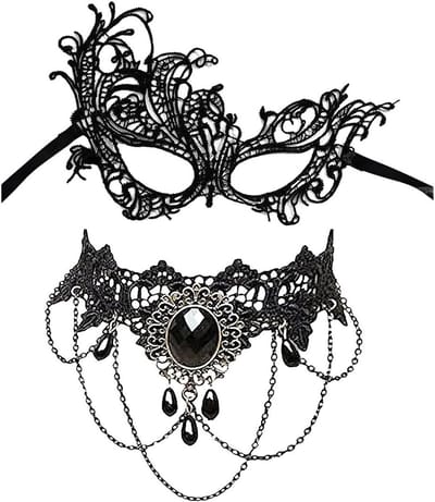 Gothic kettingen en kanten maskers set van 2, choker halsketting en half gezichtsmasker voor feesten, kostuums en gemaskerde ballen, zwart filigree en Venetiaans ontwerp voor dames en meisjes