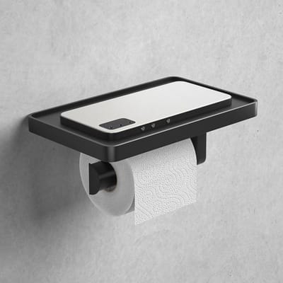 Framehack - Toiletrolhouder met Plankje Zelfklevend zonder boren- WC Rolhouder - Toiletrolhouder Zwart - Planchet Badkamer Zwart - Opbergplankje