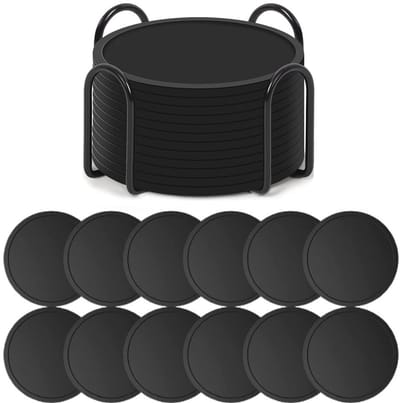 Siliconen Onderzetters Met Houder - Set Van 12 - Onderzetters Voor Glazen - Onderzettersset - Ronde Onderleggers Design - Coasters - Anti Slip - Hittebestendig - Zwart - Cadeau