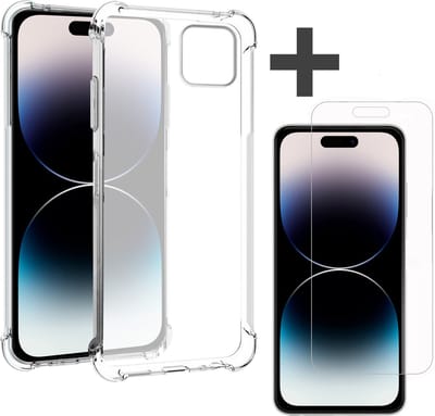 iPhone 14 Pro Hoesje transparant anti shock backcover + iPhone 14Pro Screenprotector gehard glas tempered glass