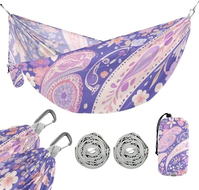 Hangmat - Kampeerhangmat - Ontspannen Buiten - Met Opbergzakken - 290 x 138 cm - Boho Roze Paars