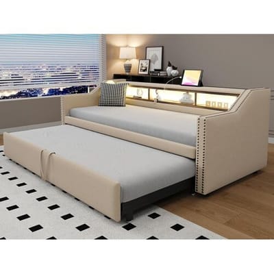 ModernLuxe Uitklapbare slaapbank 90/180x190cm in linnen - met LED & USB - met lattenbodem - Beige