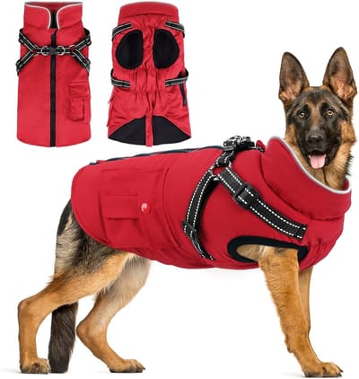 Waterdichte Winterjas voor Grote Hond - Warm en Winddicht - Met Reflectie en Harnasopening - Rood - 3XL